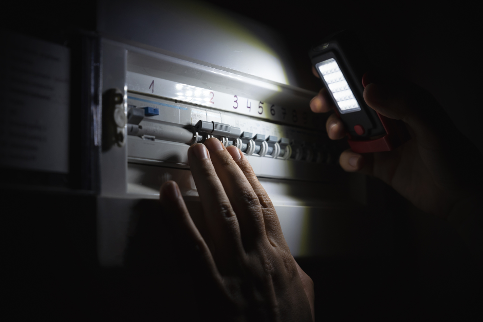 Person with a flashlight looking at a fuse box
